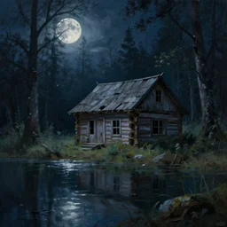 a beautiful painting of of an old abandoned log cabin by a lake in a haunted moonlit forest, volumetric lighting, by greg rutkowski and kalin popov, trending on artstation, masterpiece,
