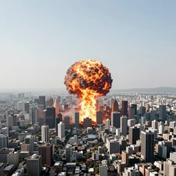 a expanding nuclear fireball in the midle of a dense megacity, a country sized megacity, the explosion from akira, in photorealistic cyberpunk style, volumetric light, rendered in redshift, ray tracing on epic settings, epic scale