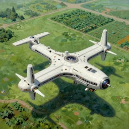 A beautiful matte painting of a sci-fi space station with a lush grassy field and agriculture by Syd Mead, aerial view, Science Fiction