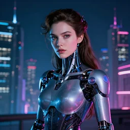 portrait_photo_of_a_stunningly beautiful cybernetic maiden with neon light and a futuristic city at night behind her, 19th century, hyper detailed by Annie Leibovitz, Steve McCurry, David Lazar, Jimmy Nelsson, professional photography