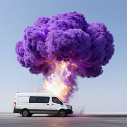 giant purple explosion blowing white minivan into the distance