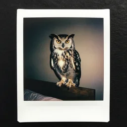 paranormal polaroid of a singular menacing owl perched on the bed headboard, the owl is very big, low key lighting, creepy atmosphere