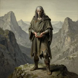 A detailed tentacleheaded human stands among the mountains with a pebble in hands. Wearing a ripped mantle, robe and boots. Extremely high details, realistic, fantasy art, solo, masterpiece, art by Zdzisław Beksiński, Arthur Rackham, Dariusz Zawadzki