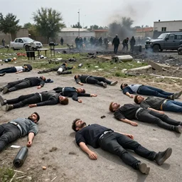 several people laying on pavement, dead after gas attack, horror scene, landscape