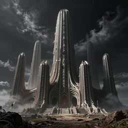moody landscape, exoplanet, abandoned alien megastructure designed by peter gric, towering skeletal temple skyscrapers, hr giger, zaha hadid, post industrial, beksinski, kubrick, black clouds, octane render, cinematic,