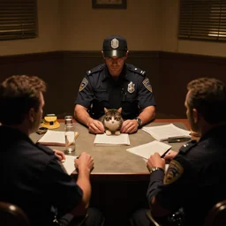 the policeman cat in the interrogation room, zenith view, warm color palette, night time, dramatic lighting, noir film, fine details, high contrast, blacksad, juan diaz canales, juanjo guarnido, greg rutkowski, trending on artstation, 8 k, ultra wide angle