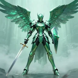 armored angel knight in Phthalo metallic green armor with knight helmet, inhumanly thin limbs wielding a sword and shield, fallen angel Barthin by Peter Mohrbacher, otherworldly, octane rendered, fantasy, heavenly