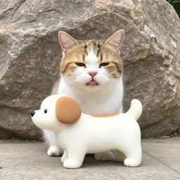 cute cat with a dog body purring in front of a large rock, 8 k
