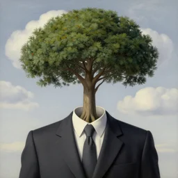 portrait of a faceless tree - head man in a suit, clouds in the background, by rene magritte, detailed painting, distance, middle centered, hd, hq, high resolution, high detail, 4 k, 8 k