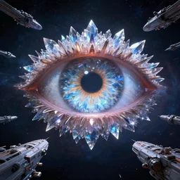 a cosmic eye!!! overseeing ship fleets battle in space, realism, 4k, award-winning art, digital art, cinematic, crystalline!!, Christopher Balaskas, artgerm, ((octane render, nvidia raytracing demo)), masterpiece, UHD, high quality, trending on artstation