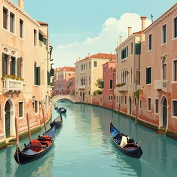 an illustration of a canal in venice, vintage style, detailed illustration, digital painting, vector art, trending on artstration, trending on behance, by anton fadeev, by alena aenami, by makato shinkai