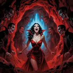 David Baldeon comic art, Joshua Middleton comic art, Norman Rockwell:: The interior of an cave lit in red:: insanely detailed:: a few detailed face vampires descending on a woman, full bodies of vampires:: symmetrical detailed woman Stella Maeve who is screaming, facing forward towards camera:: blue neon light coming from the back of the cavern:: mysterious atmosphere::