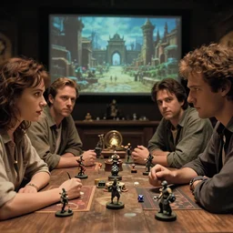 film still dnd movie, 4 sit at table, play in dnd, beckinsale schwarzenegger johansson timberlake, gm screen, dices, minis, finely detailed features, closeup at the faces, at an ancient city, by miazaki