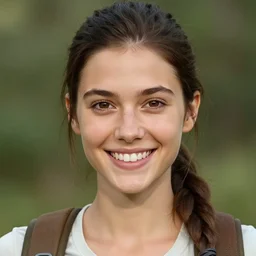 a beautiful lara croft from minnesota, brunette, joyfully smiling at the camera opening her brown eyes. thinner face, irish genes, dark chocolate hair colour, wearing university of minneapolis coat, perfect nose, morning hour, plane light, portrait, minneapolis as background. healthy, athletic