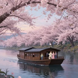 a houseboat on the river | cherry - blossoms | highly detailed | very intricate | serene romantic fantasy whimsical magical | professional cinematic lighting | bokeh | dusk | studio ghibli | award - winning | matte painting by anton fadeev and paul lehr and rhads and alena aenami | pastel color palette | featured on artstation