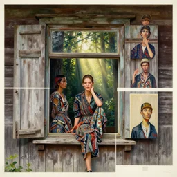 3 d, two fashion models in old wood house window, morning, sun rays, forest, poster art, intricate oil painting, high detail, figurative art, multiple exposure, poster art, 3 d, by stanley kubrick and tooth wu and wlop and beeple and greg rutkowski