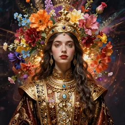 beautiful priestess portrait, artgerm, wlop, intricately carved mahogany and ivory, gilding, peter mohrbacher, artstation, explosion of flowers, vibrant
