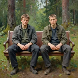 2 attractive men sitting on a coach in forest, painting by vladimir volegov, tom of finland, trending on artstation