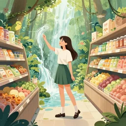 pretty girl!! model in grocery store transforming into a forest with a waterfall, magic creatures : : by martine johanna and simon stalenhag and chie yoshii and casey weldon and wlop : : ornate, dynamic, particulate, rich colors, intricate, elegant, highly detailed, the vogue, harper's bazaar art, fashion magazine, smooth, sharp focus, 8 k, octane render,