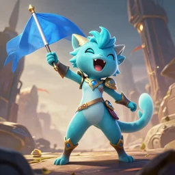 cyan spirit axie pet holds flag, battle cry, last battle, fantasy, style artstation, style greg rutkowsk, octane render, unreal engine 6, epic game graphics, fantasy, conceptual art, ray tracing