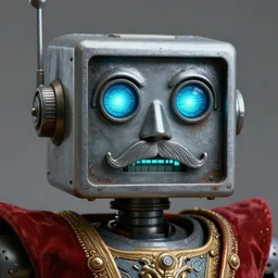 retro boxy robot, lcd mouth, crusty, glowing blue green eyes, metal mustache, detailed realistic surreal groovypunk robot in full regal attire. face portrait. art nouveau, symbolist, visionary, baroque, giant fractal details. horizontal symmetry by zdzisław beksinski, gears, alphonse mucha. highly detailed, hyper - real, beautiful