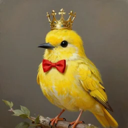 an elegant yellow BIRD wearing a CROWN and a red bow tie, painting in the style of James Jean, very very beautiful, high quality, detailed, 4k, fantasy, vibrant colors