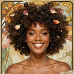portrait of a smiling beautiful black woman who looks like nia long and regina hall with big fluffy afro surrounded by flower petals by argerm and by alphonse mucha, face by wlop, trending on artstation, octane render
