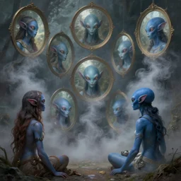celebration : : vapors, steam : : looking at many clouded round mirrors : : fantasy art : : blue - skinned aliens : : ethnological photomanipulation painting : : 4 k extremely detailed