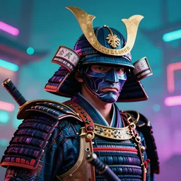 Japanese samurai, illustrated by Greg Rutkowski and Gaston Bussiere, 35mm lens, beautiful macro close-up imagery, vibrantly lush neon lighting, beautiful volumetric-lighting-style atmosphere, a futuristic atmosphere, intricate, detailed, photorealistic imagery, trending on artstation, 4k, 8k