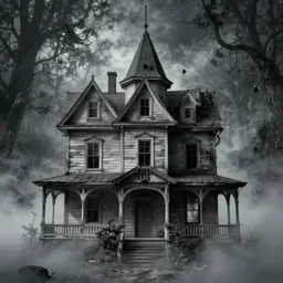 house on the haunted hill, horror, creepy, surreal, dreamscape, high quality, ultradetailed, sharp, artstation, 8 k, volumetric fog