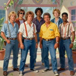 a mixed media portrait painting of crockett and tubbs, miami vice eighties, detailed facial features, by frank frazetta, greg rutkowski, beeple, yoko taro, christian macnevin, beeple, wlop and krenz cushart, epic fantasy character art, volumetric indoor lighting, midday, high fantasy, cgsociety, cheerful colours, full length, exquisite detail, post - processing, masterpiece, cinematic