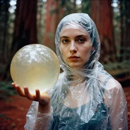 a color photograph, closeup portrait of a woman wrapped in plastic, standing next to a bismuth orb, in a redwood forest, color photograph, by vincent desiderio, canon eos c 3 0 0, ƒ 1. 8, 3 5 mm, 8 k, medium - format print