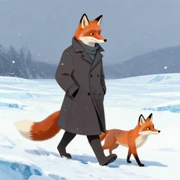 an anthropomorphic fox man wearing a long coat walking another fox across a glacier, hands in pockets, blizzard, character illustration by Aaron Miller, Greg Rutkowski, thomas kinkade, Howard Pyle, disney, El Greco, Cynthia Sheppard