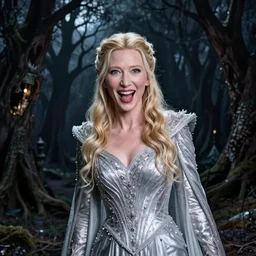 portrait of playful, dangerous Cate Blanchett's Galadriel as a queen of elves, dressed in a beautiful silvery dress. The background is a dark, creepy eastern europen forrest.  night, horroristic shadows, high contrasts, lumnious, theatrical, character concept art by ruan jia, thomas kinkade, and J.Dickenson, trending on Artstation