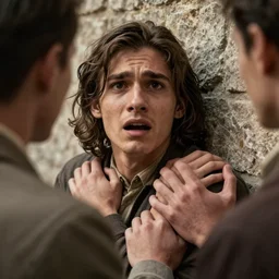 Close-up of an utterly terrified young man with long hair cornered with his back against a stone wall. He is wearing a 1930s attire. He looks utterly panicked and distressed and is trying to protect himself from an assailant. Looking straight at camera