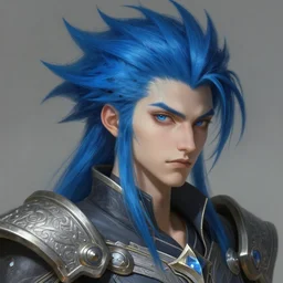 dyed blue spikey hair, deep focus, d & d, fantasy, intricate, elegant, highly detailed, digital painting, artstation, concept art, matte, sharp focus, illustration, hearthstone, art by artgerm and greg rutkowski and alphonse mucha