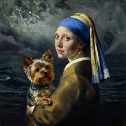 Elle Fanning at sea holding a Yorkshire Terrier in the style of Lady with an Ermine, head and shoulders portrait, stormy weather, extremely detailed masterpiece, oil on canvas, low-key neon lighting, artstation, Blade Runner 2049, Roger Deakin’s cinematography, by J. C. Leyendecker and Peter Paul Rubens and Edward Hopper and Michael Sowa,