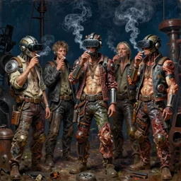 junky men stand in oil pound and smoking cigarette, cybertronic gadgets and vr helmet, flesh + technology, durty colours, night, rotten textures, rusty shapes, biotechnology, bao phan, norman rockwell, tim hildebrandt, wayne barlow, bruce pennington, larry elmore, oil on canvas, deep depth field, masterpiece, cinematic composition, hyper - detailed, hd, hdr
