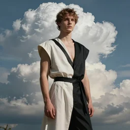 a young greek god wearing modern clothing. demigod. legendary concept art. fashion. character design. realistic. sharp focus. elaborate. highly detailed. bold cumulonimbus clouds. surrealism. trending on artstation. rule of thirds. by bussiere. krenz cushart sachin teng. rhads.