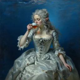 a 1 8 th century, messy, silver haired, ( ( ( mad ) ) ) elf princess ( look like ( ( young kate winslet ) ) ), dressed in a ( ( tattered ) ), wedding dress, is ( ( drinking a cup of tea ) ). everything is underwater! and floating. blue, theatrical, oil canvas by jakub rozalski, jan matejko