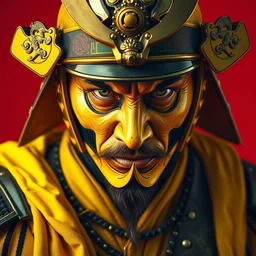 photograph old samurai hero, cyberpunk, vibrant yellow colors, surreal, french baroque style by alexander mcqueen, hyper detailed, realistic cinematic, voigtlander photography portrait, no red background