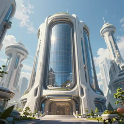 futuristic building with large windows surrounded by alien buildings, sunny day, hyperdetailed, sharp, artstation, digital art - n 9