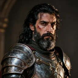 a portrait of mena massoud as a bearded man, scars on face, paladin armor, black hair, some grey hair in beard, style by donato giancola, wayne reynolds, jeff easley dramatic light, high detail, cinematic lighting, artstation, dungeons and dragons