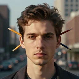 portrait photo of a man with pencils sticking out of his ears, city background
