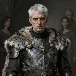 portrait painting of a sarcastic man with short white hair wearing a grey wolf pelt gambeson, early 3 0 s. ultra realistic, concept art, intricate details, eerie, highly detailed, photorealistic, octane render, 8 k, unreal engine. art by artgerm and greg rutkowski and charlie bowater and magali villeneuve and alphonse mucha