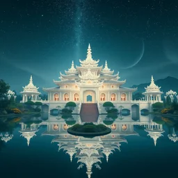 a gorgeous symmetrical paradise palace, starlit, lakes, fantasy, fairy tale, white grace chinese dragon, matte painting, artstation, octane render, caleb worcester, samuel beal. ultra clear detailed.