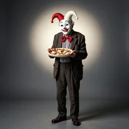 portrait photo of wrinkled! old man who looks like maurice sand's pulcinella!, wearing pulcinella mask, with a pizza! margherita, dramatic backlight, full body, sharp focus, highly detailed, critically acclaimed photo by eric lafforgue, masterpiece, very coherent