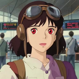 a film portrait stil of an confident 1 9 5 0's aviator disney style girl, red eyes, finely detailed features, closeup at the faces, perfect art, in the airport yard, gapmoe yandere grimdark, trending on pixiv fanbox, painted by greg rutkowski makoto shinkai takashi takeuchi studio ghibli, akihiko yoshida,