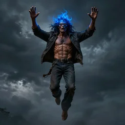 A terrifying brown skinned Latino god floating with his arms up, his eyes glowing yellow, casually dressed, his head glowing blue ominously. Shot from below, photorealistic, ominous and apocalyptic dark sky.