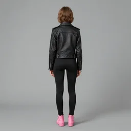 Backview of Girl in jet black biker jacket, jet black leggins, pink shoes, matte painting, by Albert Aublet, Krenz Cushart, WLOP, Sakimichan